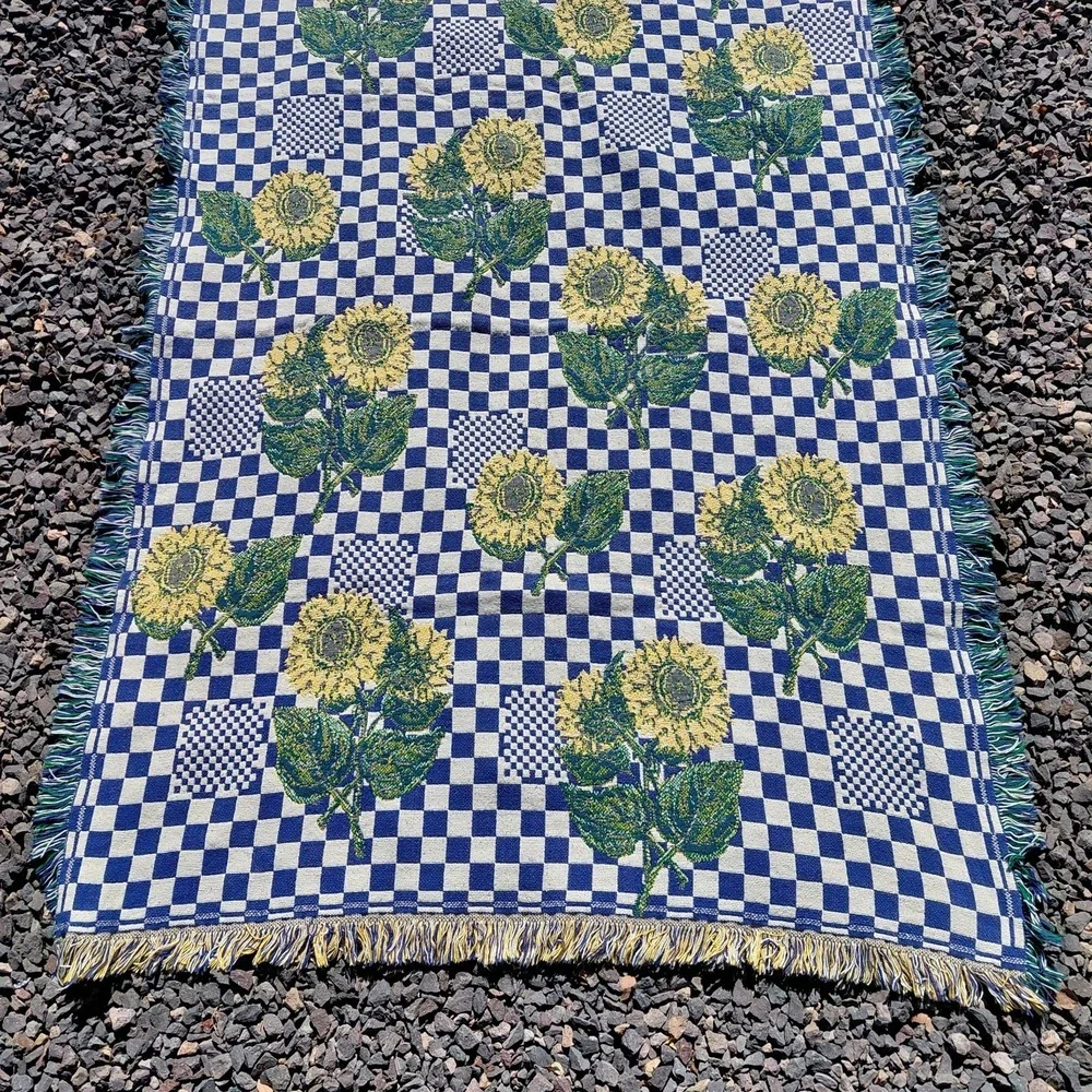 Vtg Sunflower Flowers Tapestry Blanket Throw Fringe Blue Check Country Cottage